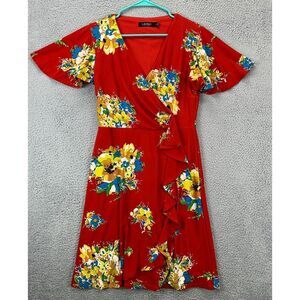Lauren Ralph Lauren Dress Womens‎ 4 Red Floral Ruffle Trim Wrap Jersey Ladies